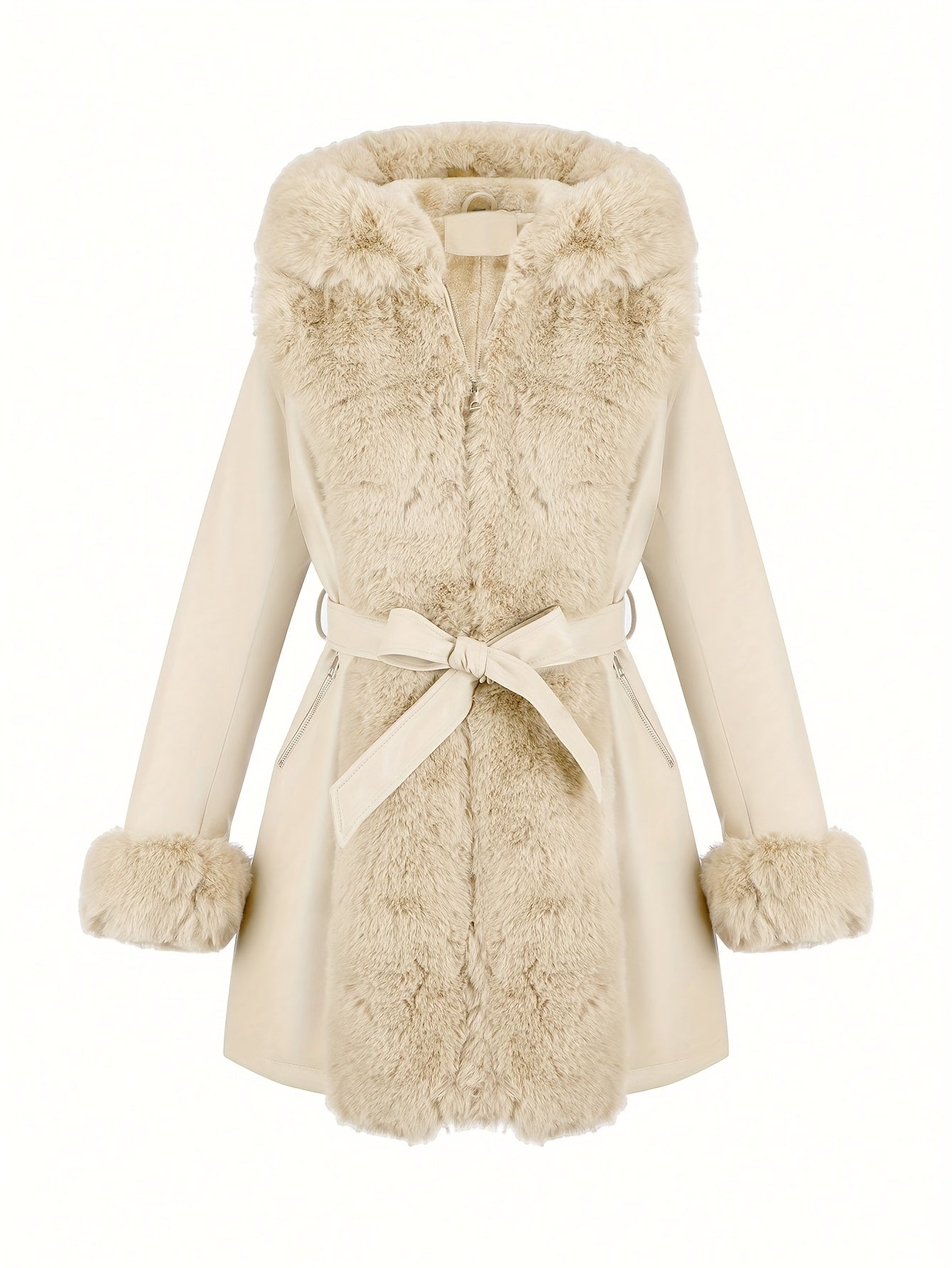 Women's Faux Fur-Trim PU Leather Hooded Coat with Belt - Warm Black Fall/Winter Jacket