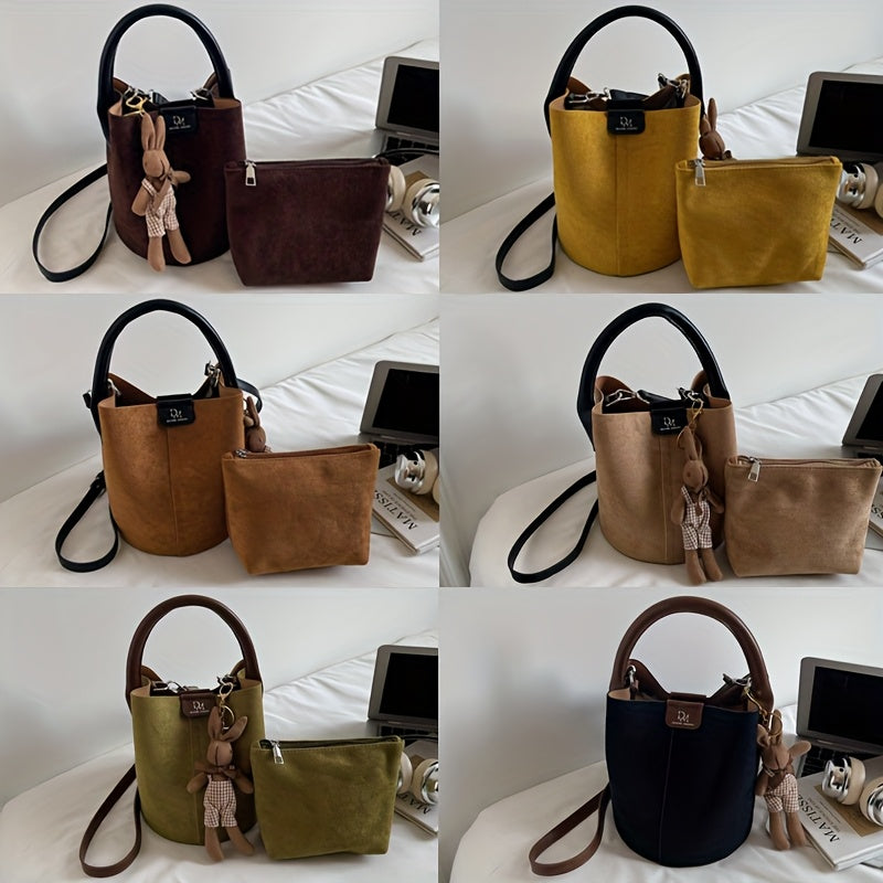 Women's Felt Bucket Bag – Adjustable Crossbody Purse with Magnetic Closure & Gold-Tone Hardware | Khaki, Dark Brown, Green, Yellow, Black