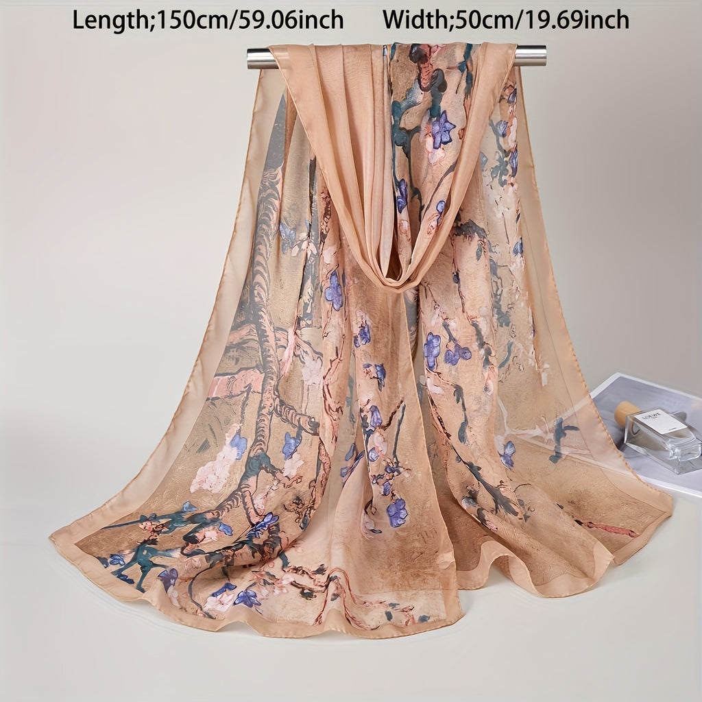 Boho Plum Floral Chiffon Scarf - Lightweight Sun-Protective Shawl & Beach Wrap