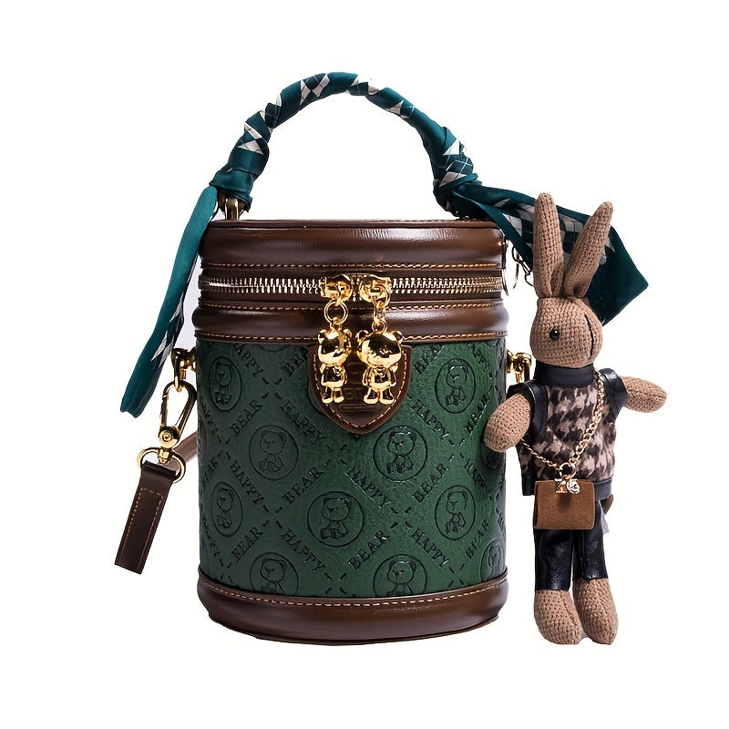 Mini Cylinder Bucket Bag - Retro Animal Print Faux Leather Crossbody Handbag for Women