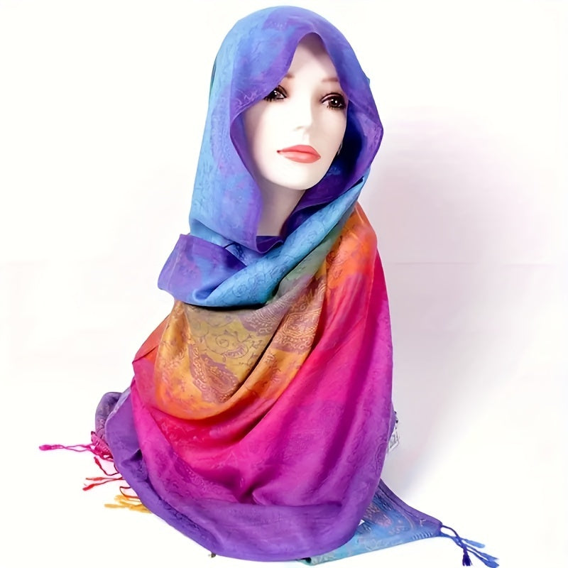 Bohemian Jacquard Paisley Scarf Rainbow Gradient Tassel Shawl - Warm Women's Wrap