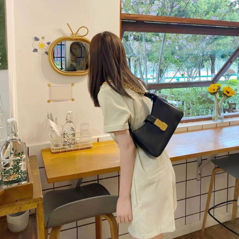 Women's Split Leather Underarm Baguette Bag — Minimalist Crescent Shoulder Crossbody with Zip Closure & Adjustable Strap