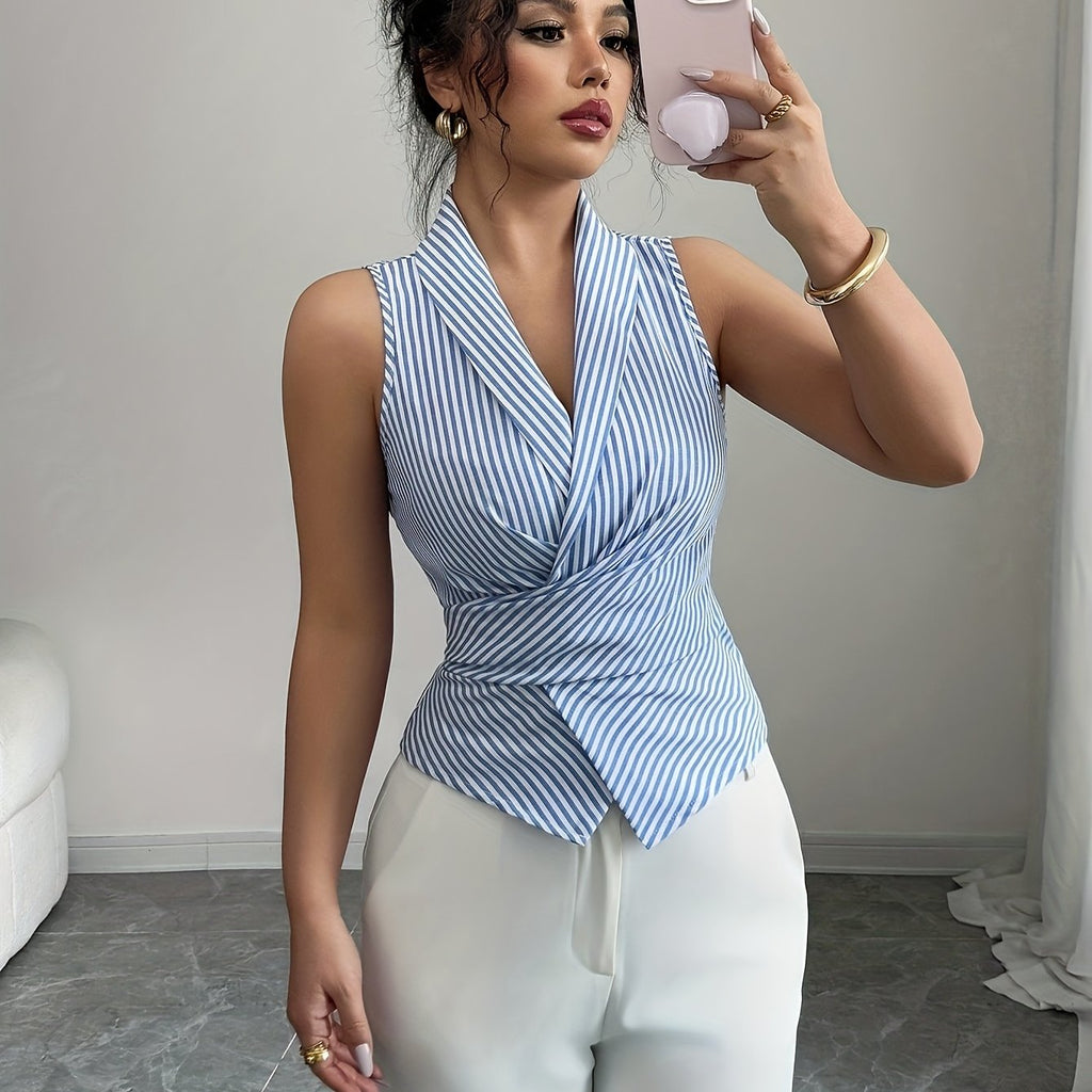 Women's Sleeveless V-Neck Bow-Belt Striped Blouse - Light Blue & White Spring/Summer Top