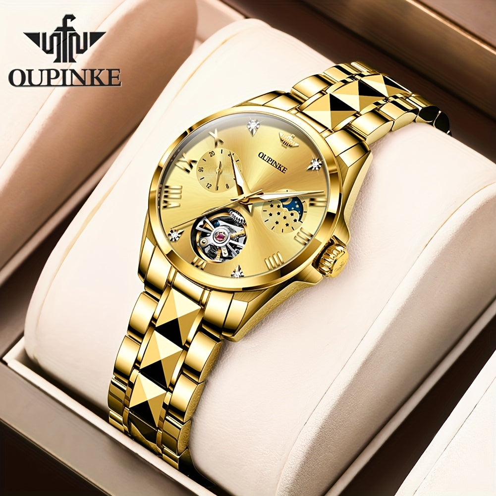OUPINKE Women's Automatic Mechanical Dress Watch – Luminous Hands, Blue Dial with Gold Markers, Stainless Steel Case & Bracelet