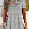Women's Summer Lace-Trim Pullover Top - Light Gray Short Sleeve Casual Blouse, Medium Stretch, Machine Washable