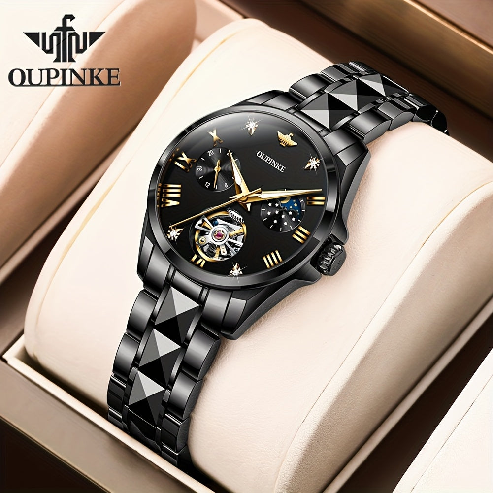 OUPINKE Women's Automatic Mechanical Dress Watch – Luminous Hands, Blue Dial with Gold Markers, Stainless Steel Case & Bracelet