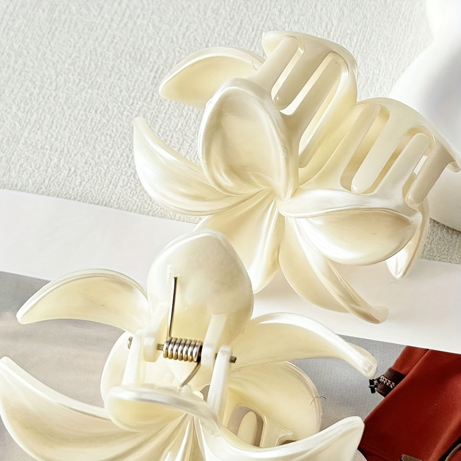 Acrylic Flower Hair Claw - Large Floral Hair Clip, White & Gold, 1pc/2pcs