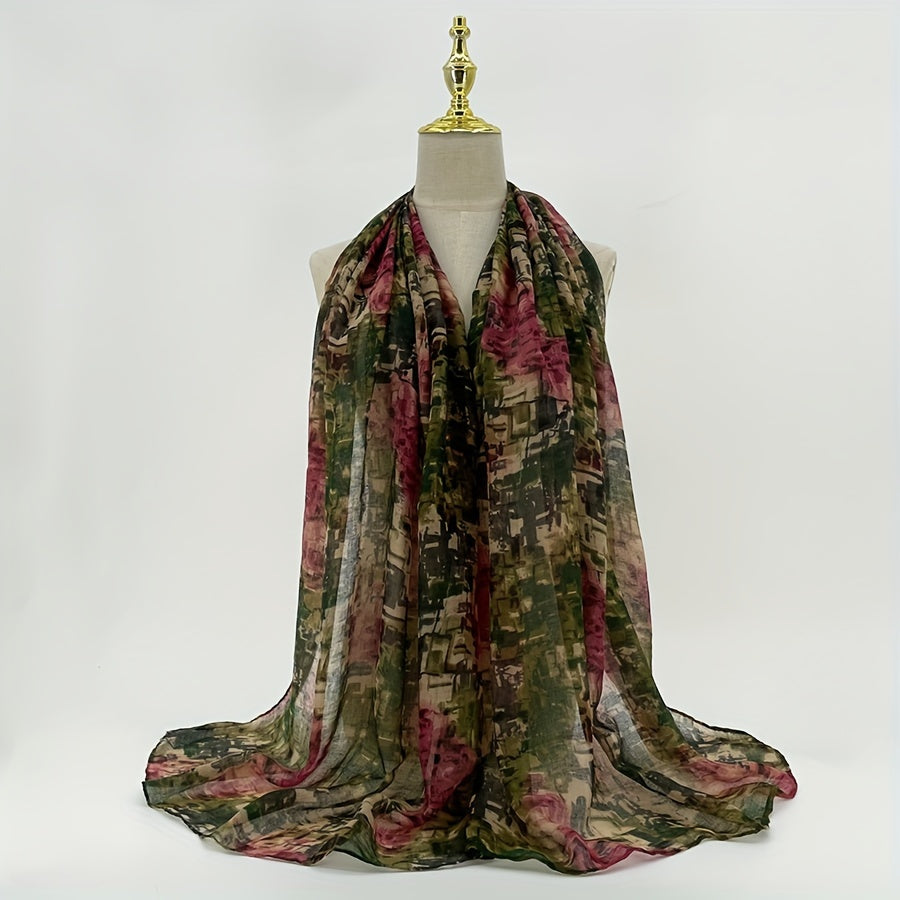 Vintage Paisley Ombre Scarf – Long 180 x 70 cm (70.85 x 27.5 in) Polyester Shawl for Women, Brown-to-Blue Geometric Floral Print