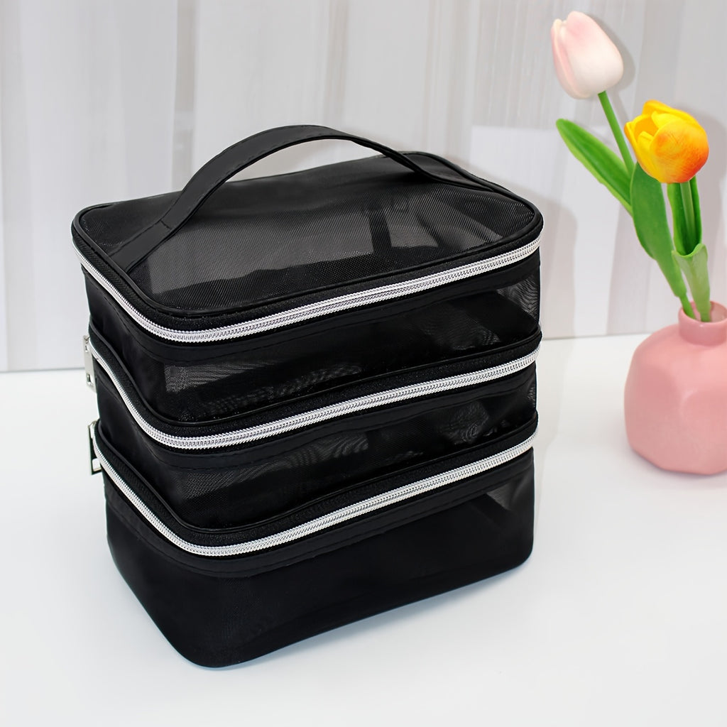 Large Capacity Nylon Multi-Layer Makeup Bag Organizer, Mesh Cosmetic Pouch for Travel & Home, Portable Unisex