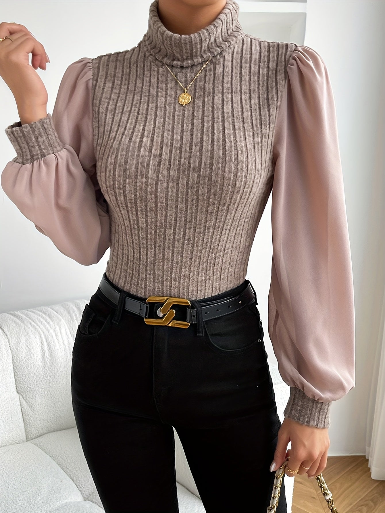 High-Neck Puff Sleeve Blouse for Women - Elegant Solid Color Top