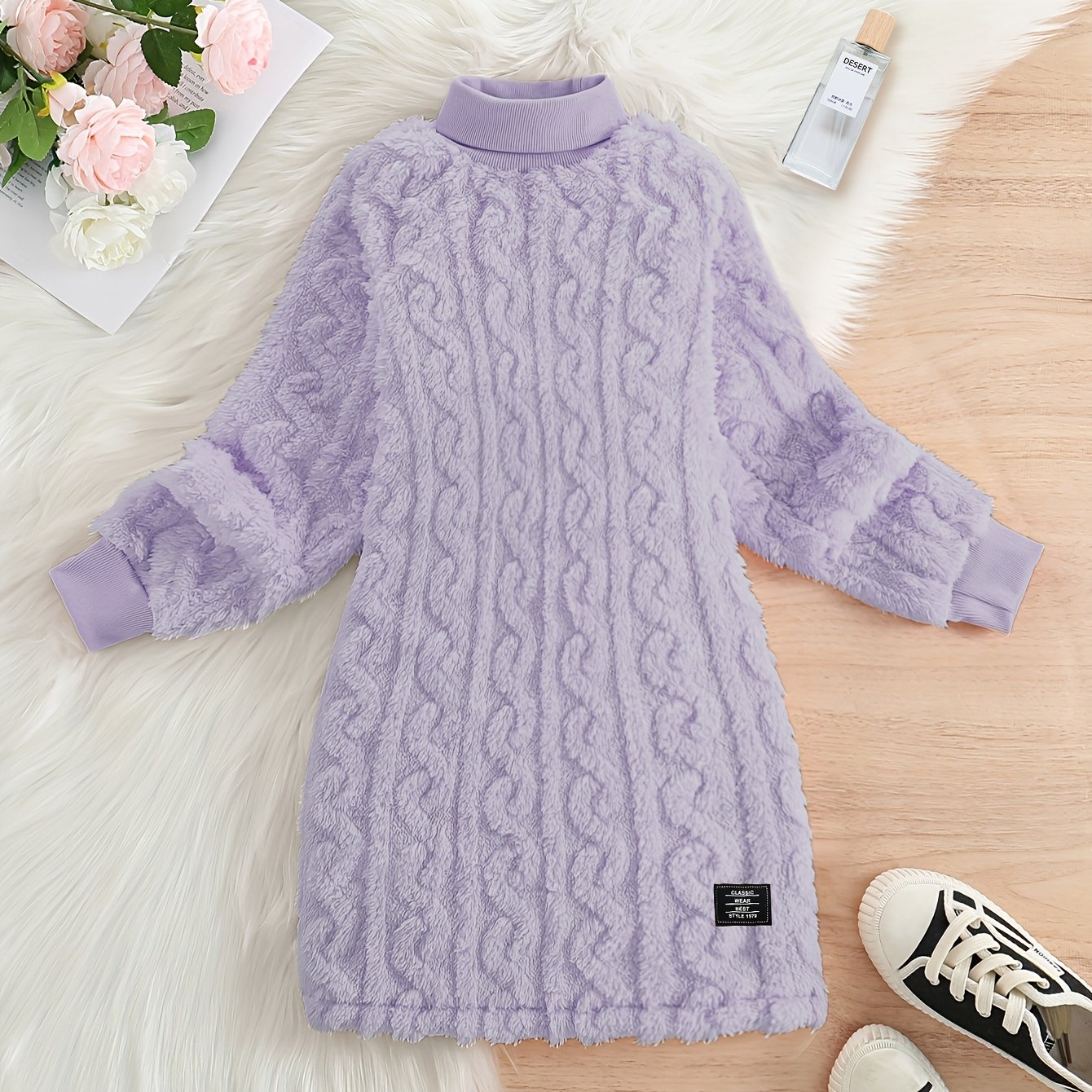 Girls' Mustard Yellow Fleece Cable Knit Dress - Long Sleeve Casual Fall/Winter, Machine Washable