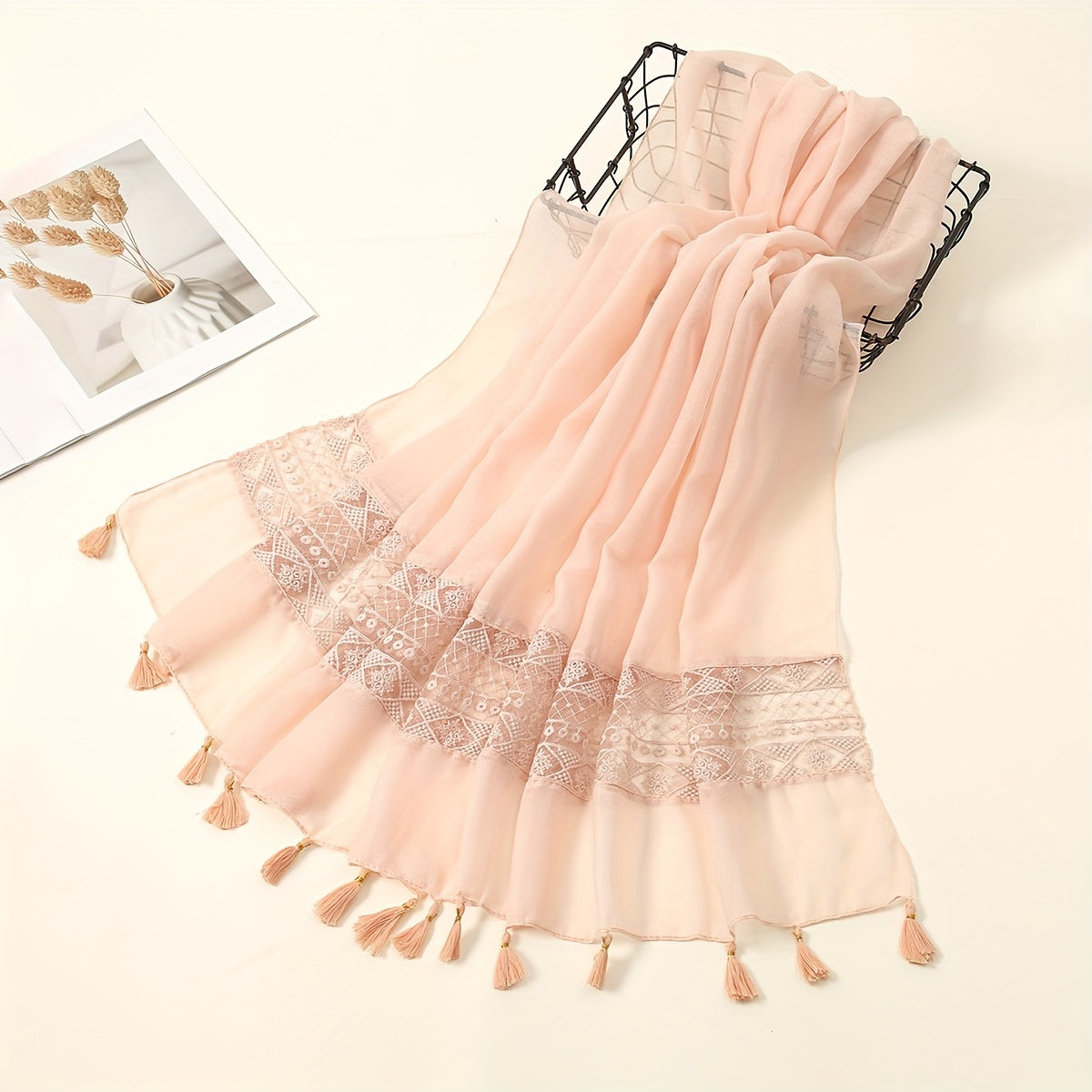 Embroidered Hollow Lace Tassel Scarf for Women — Elegant Lightweight Windproof Wrap for Cold Weather & Eid