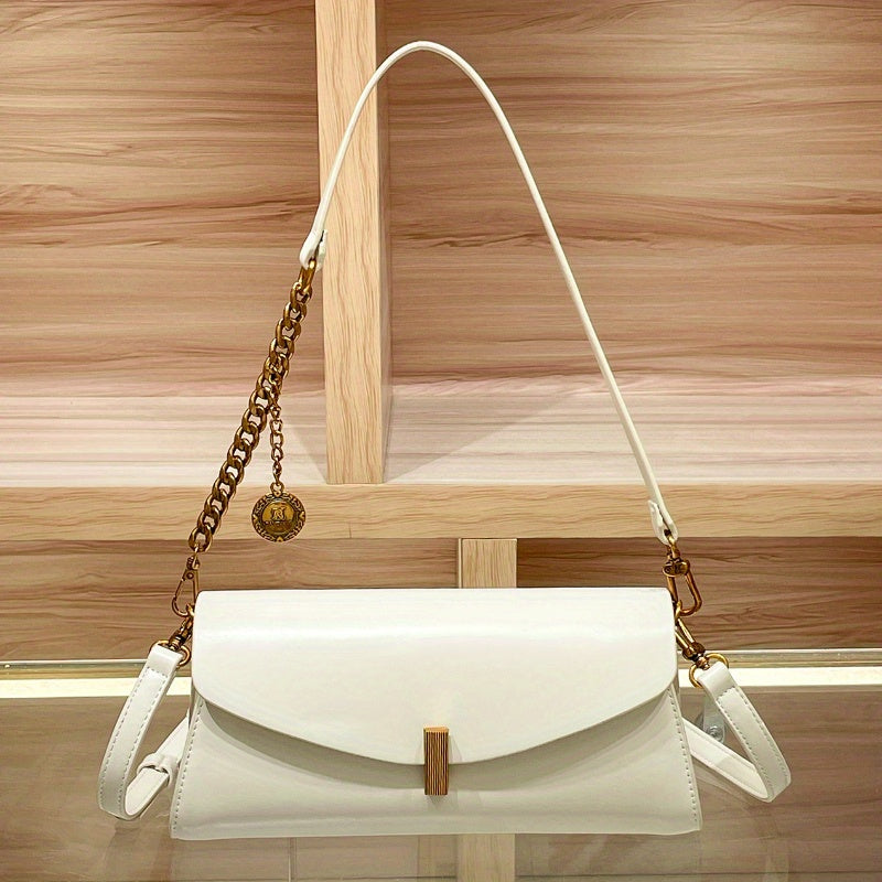 White French Baguette Crossbody Bag for Women — Gold-Tone Chain & Removable Shoulder Strap, Magnetic Closure, Split Leather