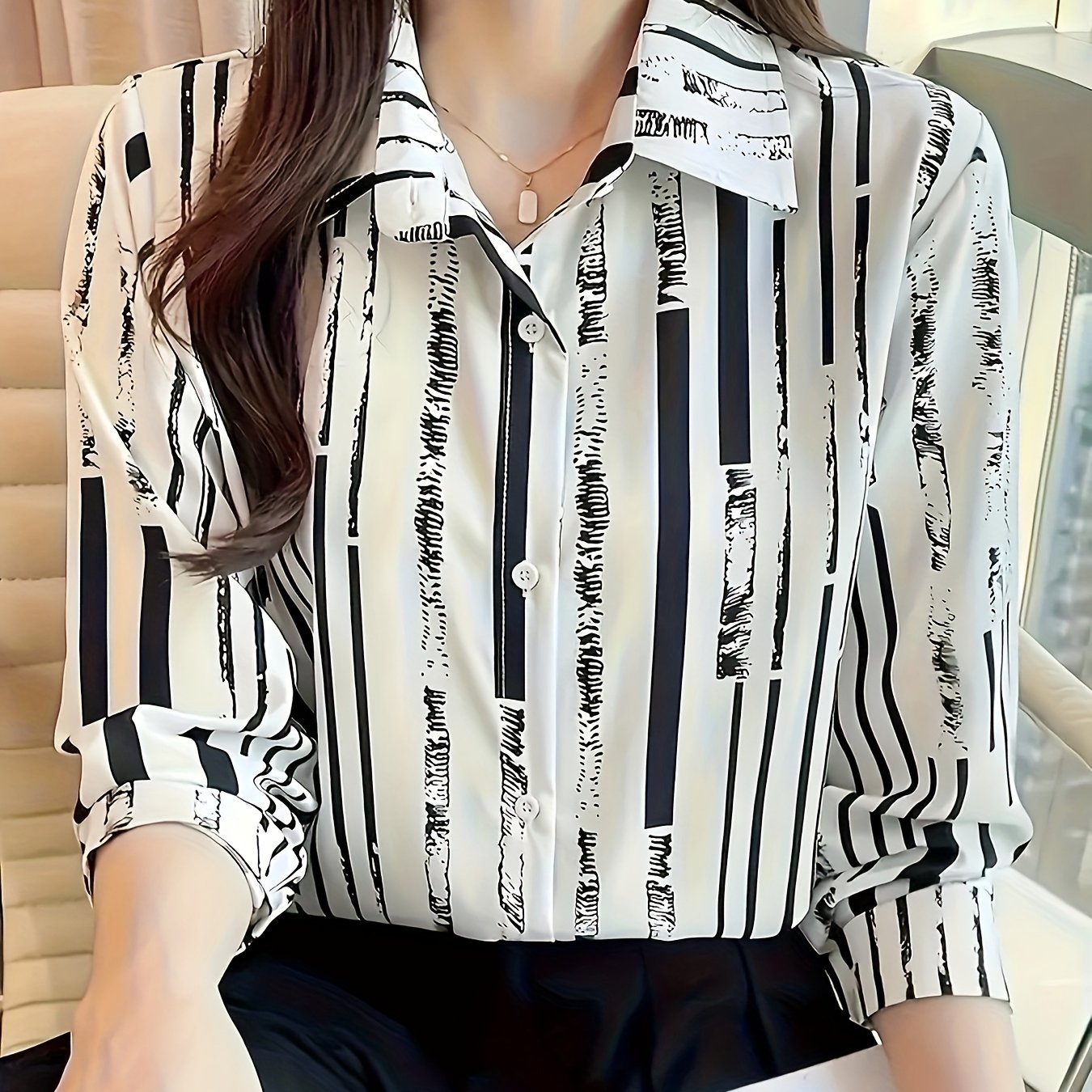Women's Black & White Vertical Striped Button-Up Shirt — Lightweight Polyester Long Sleeve Collared Top