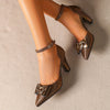 Women's Pointed Toe Butterfly Bow Block Heel Pumps — Hollow Accent, Buckle Closure