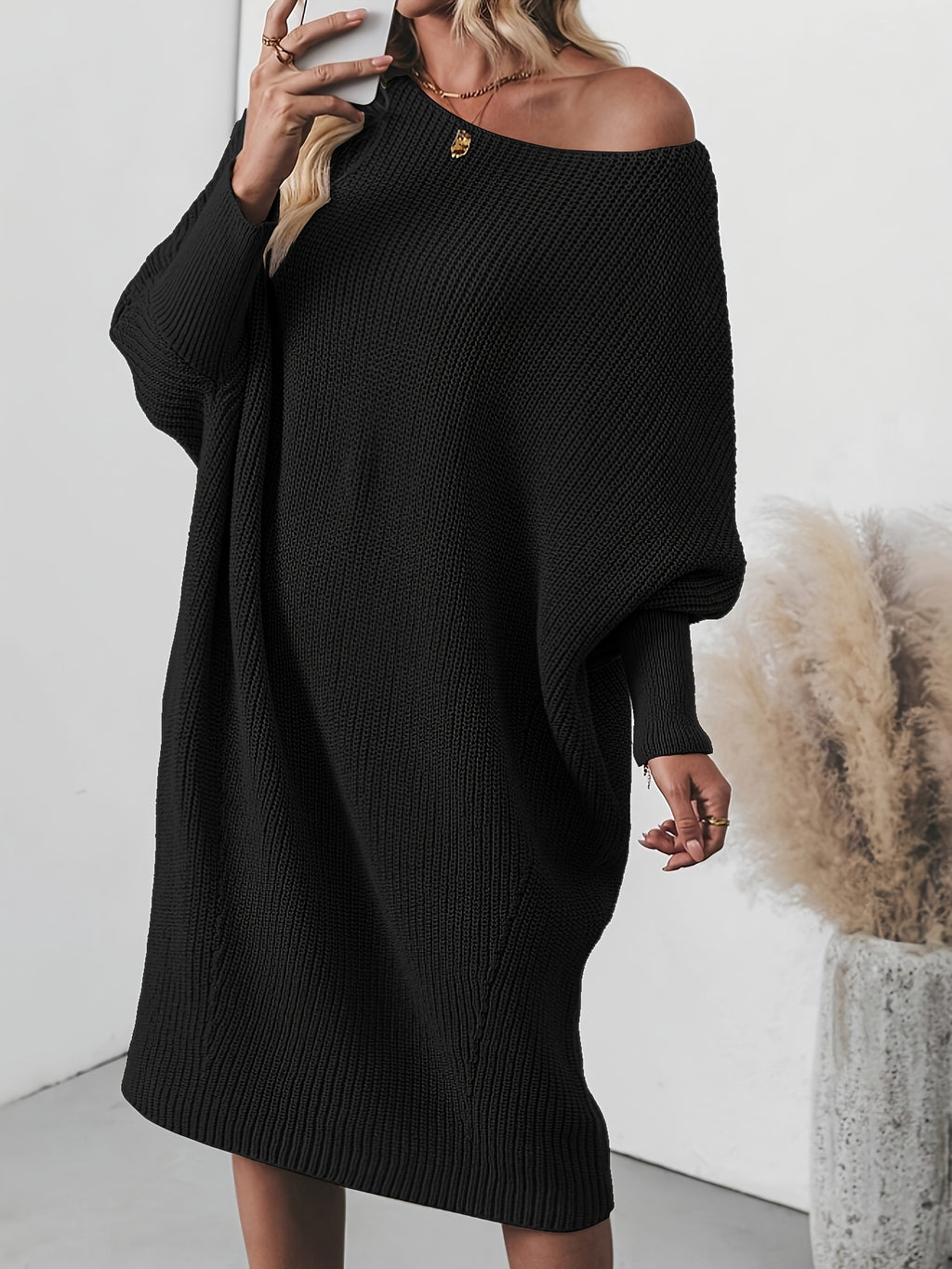 Plus Size Ribbed Button-Up Cardigan Sweater Dress for Women — Long Sleeve Casual Fall/Winter Black