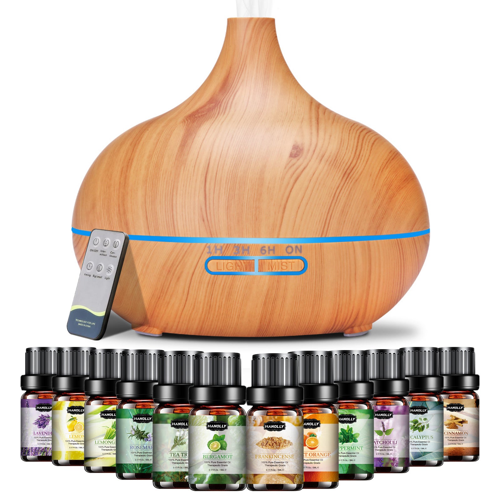 550ml (18.6 fl oz) Ultrasonic Essential Oil Diffuser with 12-Pack Oils, Remote, 7-Color LED & Timers — Large Aroma Humidifier for Bedroom Spa Yoga Hotel