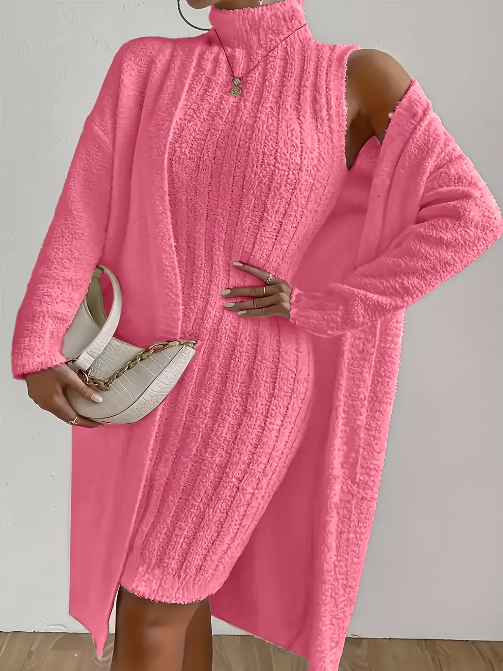 Plus Size Cozy Teddy Bear Sweater Dress & Strapless Cardigan Set - Red Ribbed Knit Two-Piece for Fall/Winter