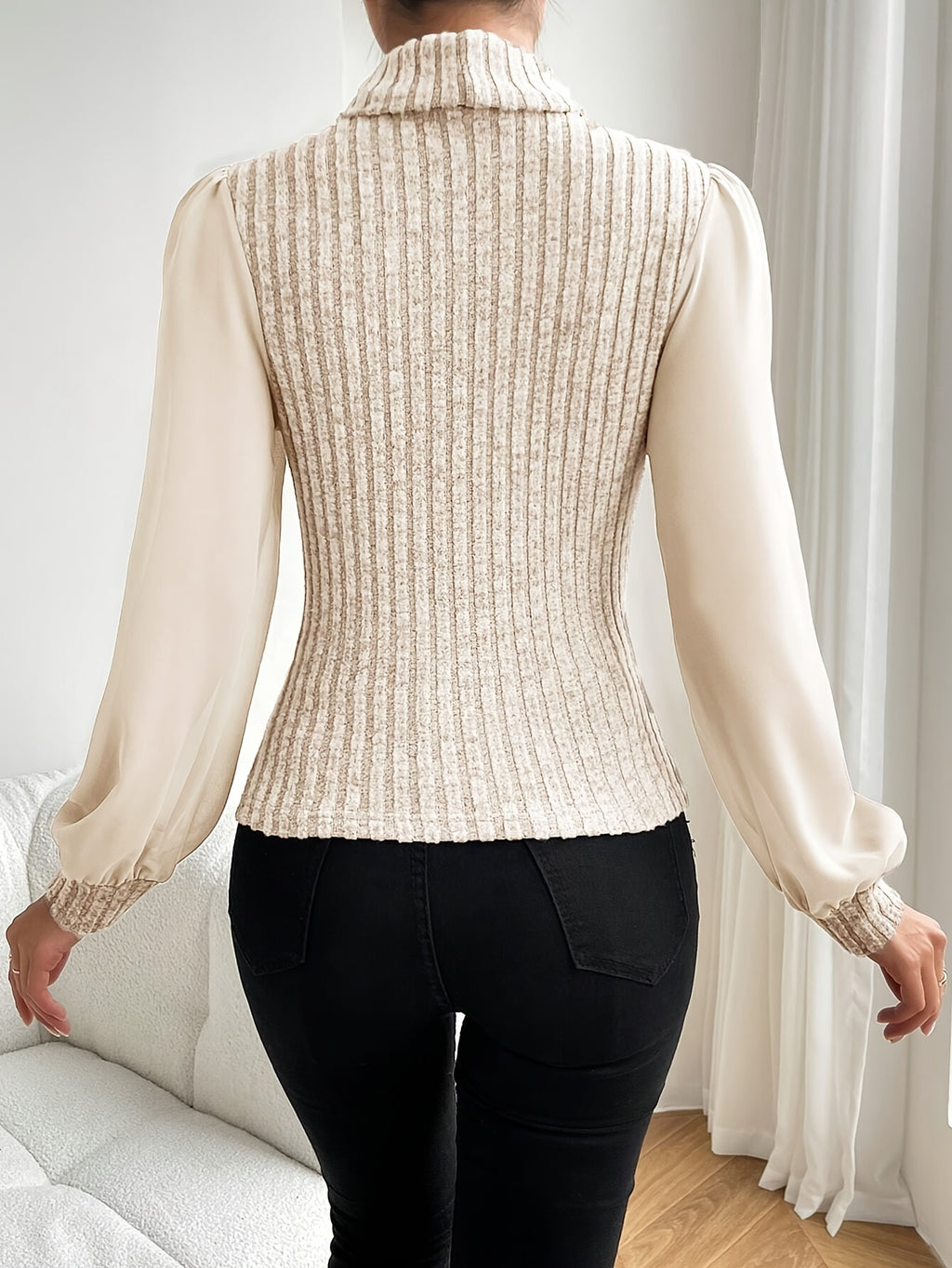 High-Neck Puff Sleeve Blouse for Women - Elegant Solid Color Top