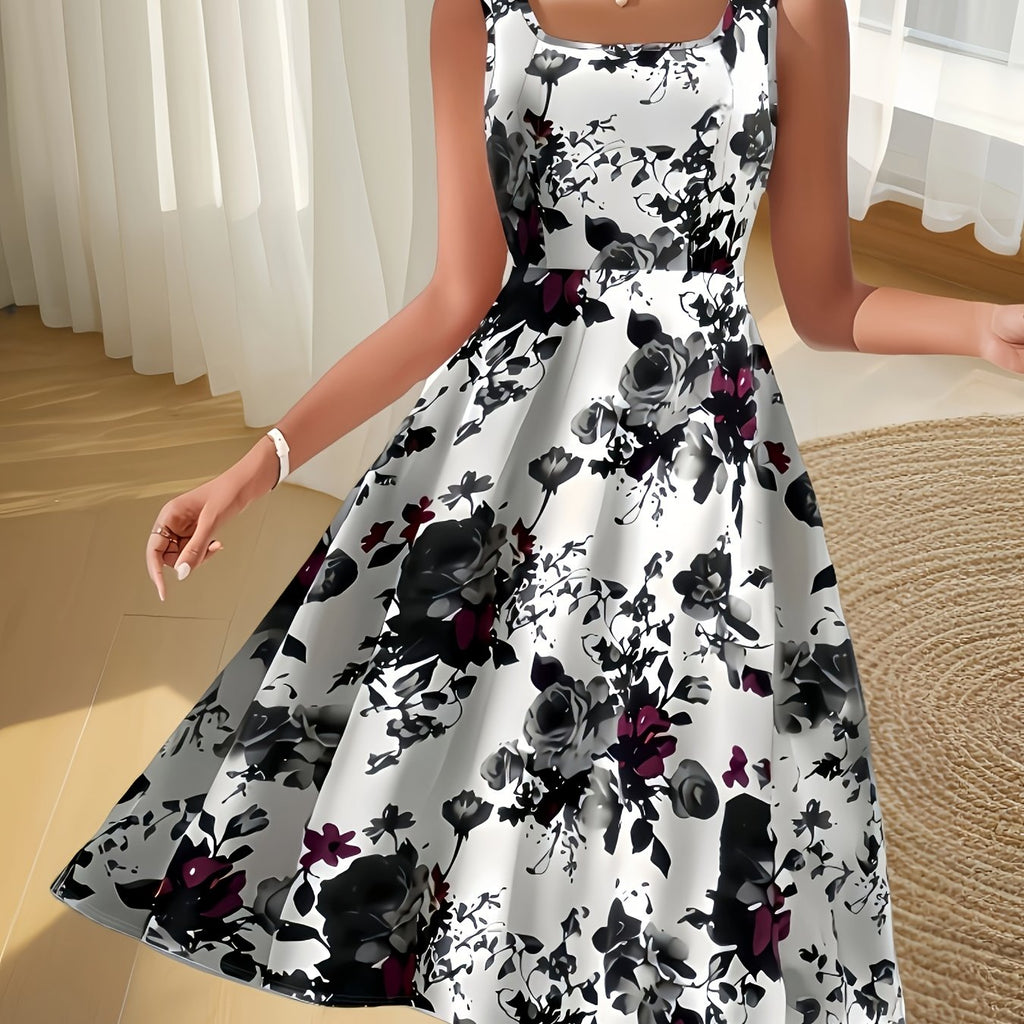 Women's A-Line Floral Dress – Sleeveless Square Neck Knit Polyester Blend, Black & White Rose Print, Spring/Summer