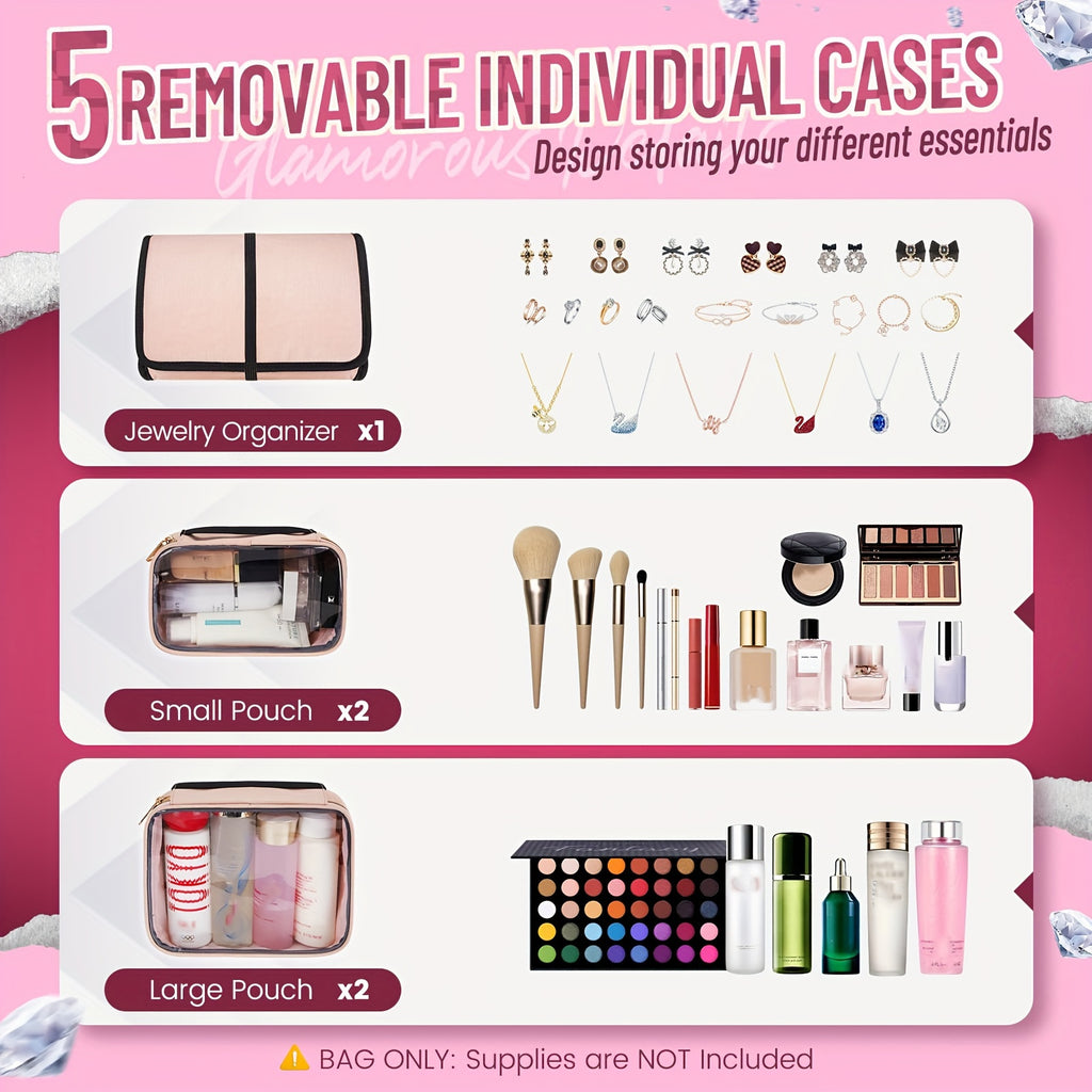 Large Travel Makeup Organizer for Women – Pink Cosmetic Bag with 4 Removable Cases & Jewelry Roll, Portable Toiletry Case with Multiple Pockets and Zipper Closure