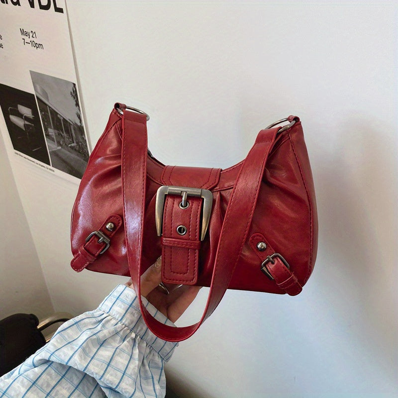 Maillard-Inspired Vintage Wasteland Baguette Shoulder Bag for Women – PU Leather, Metallic Hardware, Zipper Closure, Red/Black