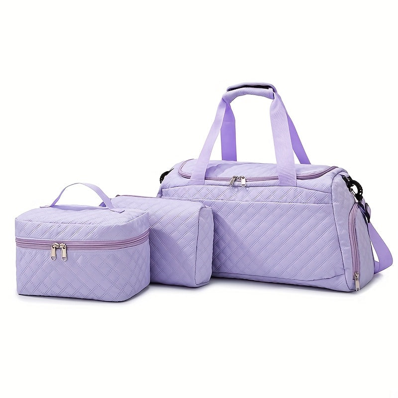 Women's Quilted Diamond 3-Piece Bag Set – Large Capacity Nylon Travel Tote, Removable-Strap Handbag & Square Makeup Bag