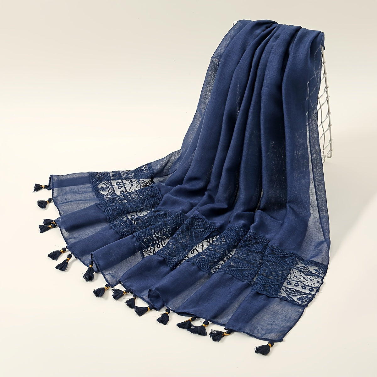 Embroidered Hollow Lace Tassel Scarf for Women — Elegant Lightweight Windproof Wrap for Cold Weather & Eid