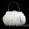 Feather Furry Kiss-Lock Clutch with Metal Chain and Rhinestone Frame — Elegant Evening Prom Cocktail Bag