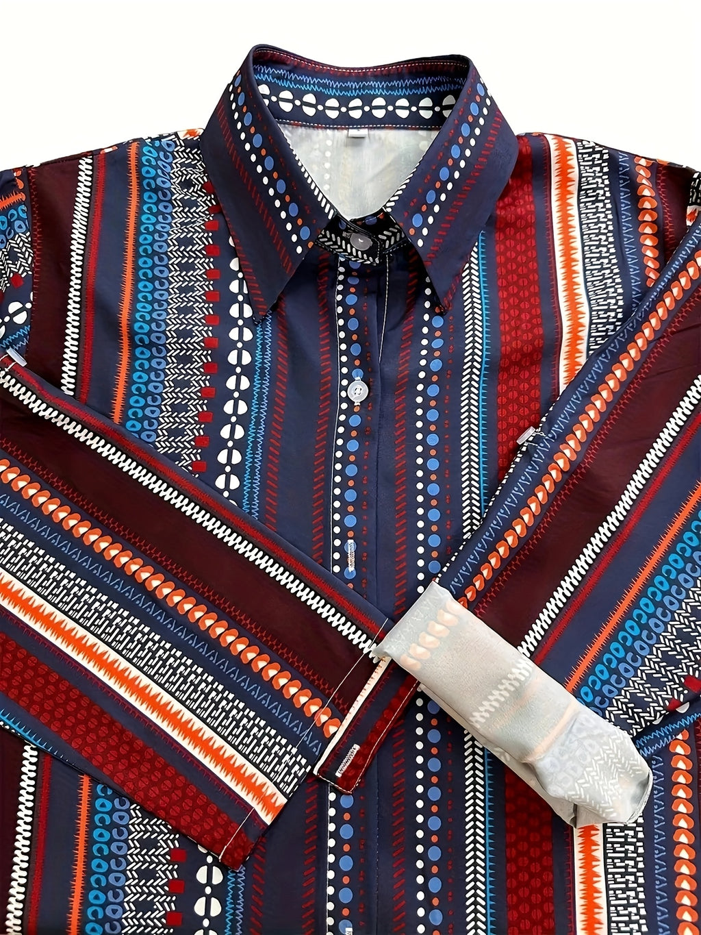 Ethnic Striped Button-Up Shirt - Vintage Long Sleeve Polyester Blouse for Women, Spring and Autumn