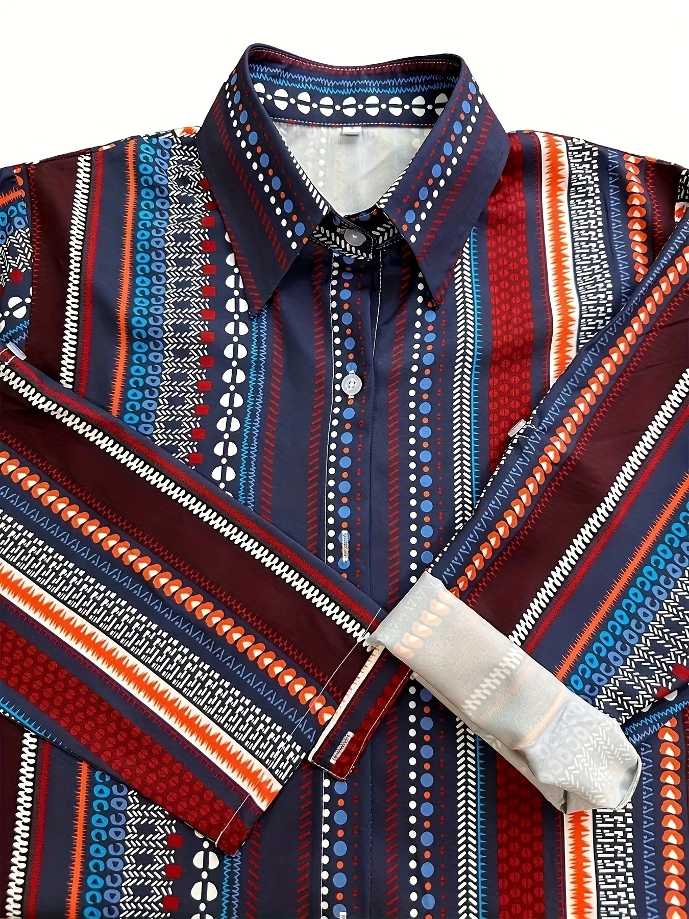 Ethnic Striped Button-Up Shirt - Vintage Long Sleeve Polyester Blouse for Women, Spring and Autumn