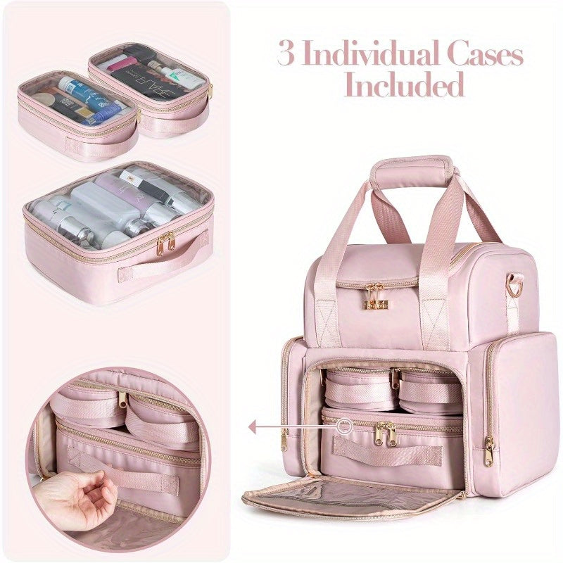 Large Double-Layer Travel Makeup Bag 11.8 x 8.6 x 11.8 in (30 x 22 x 30 cm) – 3 Removable Cases, Inner Dividers & Brush Organizer