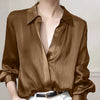 Women's Black Satin-Finish Button-Up Shirt, 100% Polyester Long Sleeve, Regular Fit, Machine Washable