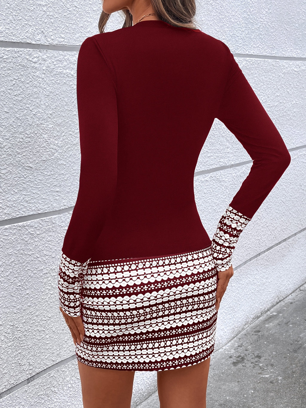 Women's Geometric Bodycon Dress, Long Sleeve Crew Neck, Polyester Knit, All-Season, Plus Size