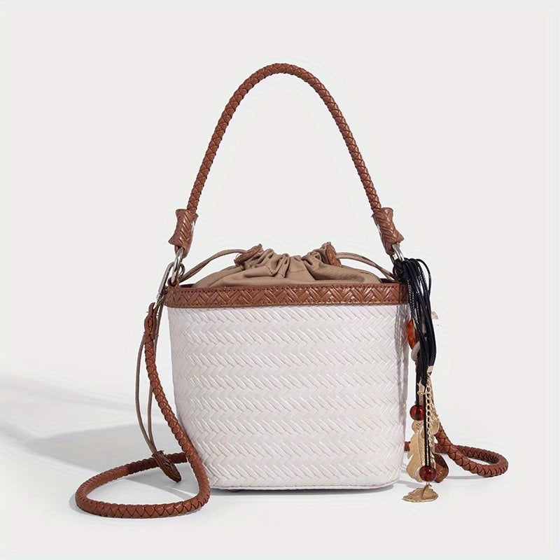 Woven Bucket Bag for Women - Drawstring Closure, Adjustable Shoulder Strap & Wristlet, Split Leather Carryall (White, Black, Burgundy, Coffee)