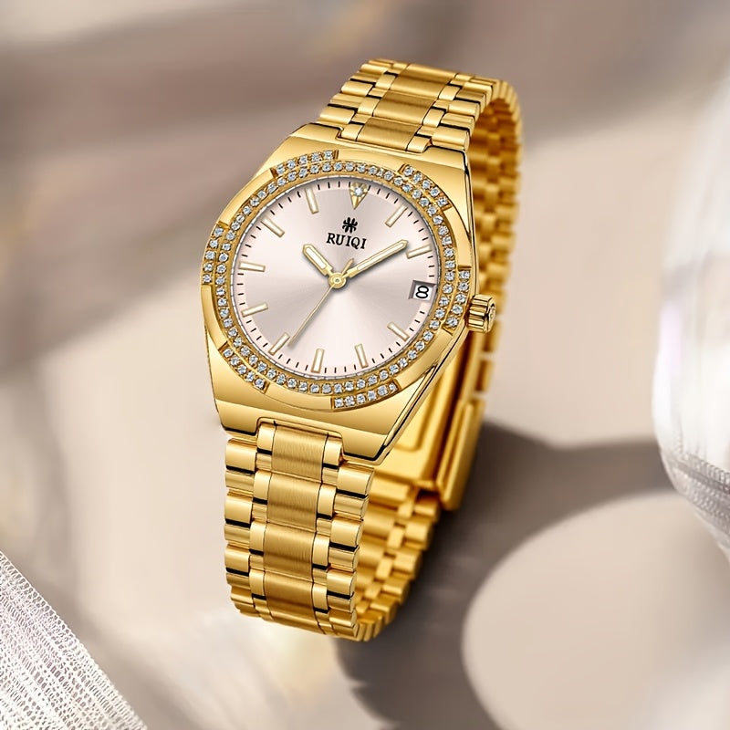 Automatic Mechanical Women's Watch — Rhinestone Dial, Calendar, Luminous Hands, Battery-Free, Stainless Steel Band