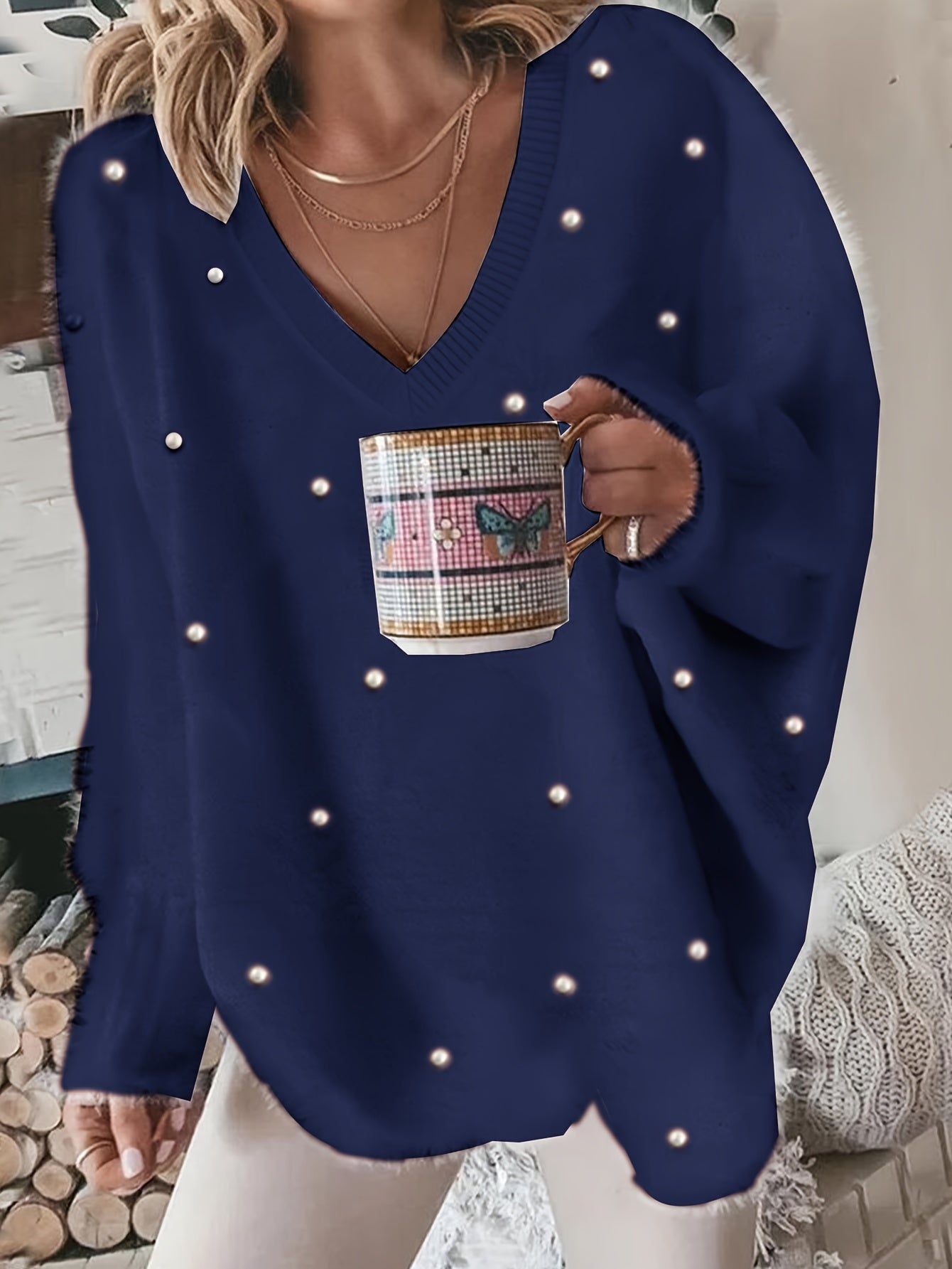 Plus Size V-Neck Sweater – Yellow Geometric Knit with Pearl Buttons & Fleece-Lined Cuffs, Asymmetrical Hem