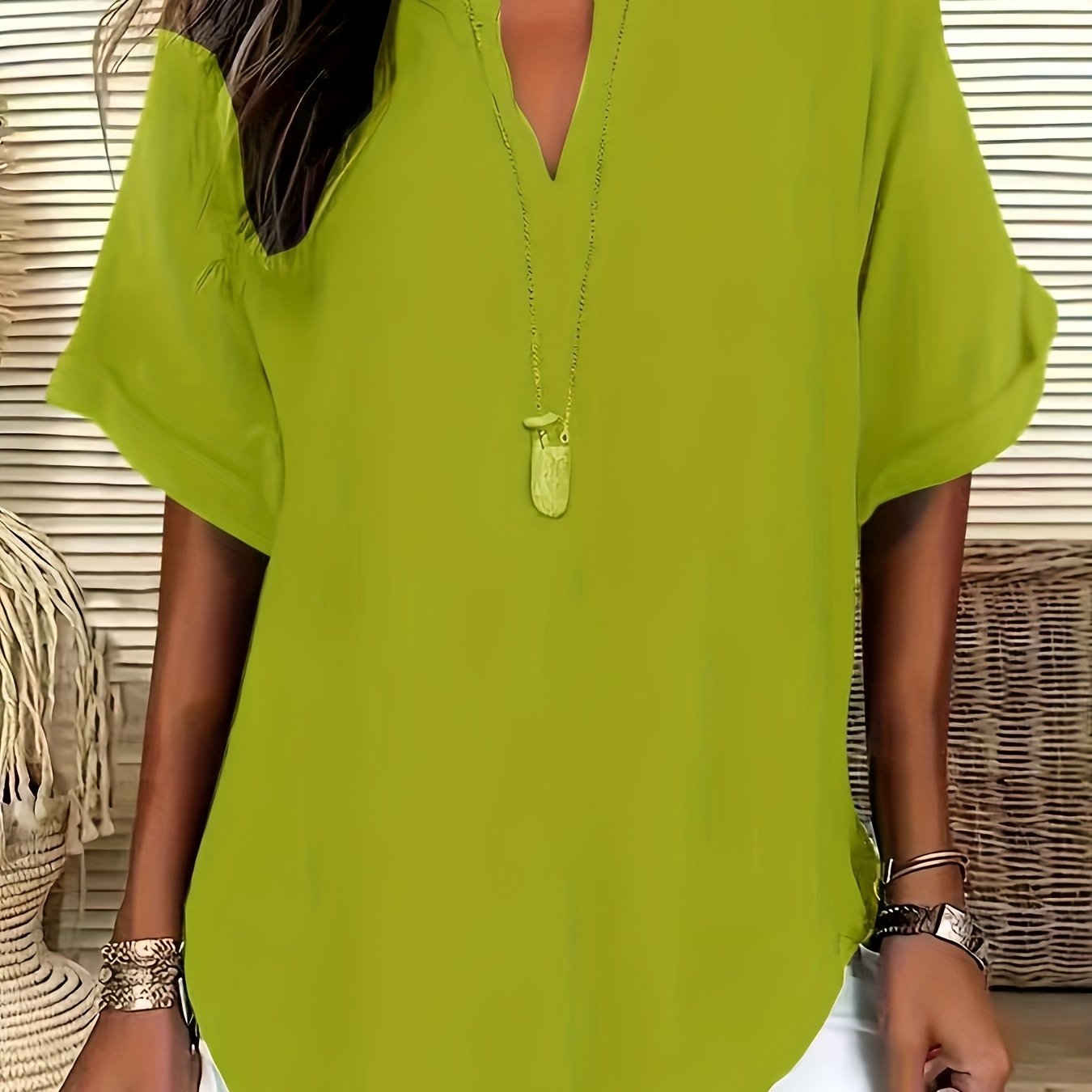 Plus Size V-Neck Blouse - Women's Short Sleeve Loose Batwing Top with Flared Hem, Stretchy Casual Shirt