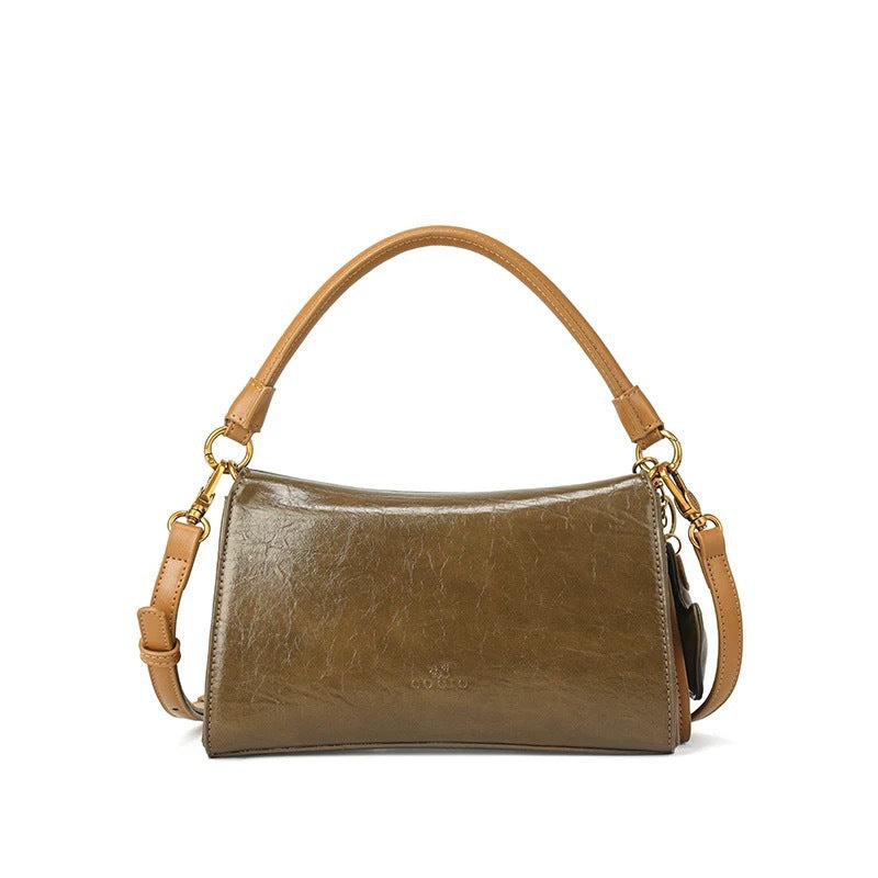 Waxed Leather Baguette Underarm Bag for Women - Elegant Zipper Wristlet Crossbody Messenger