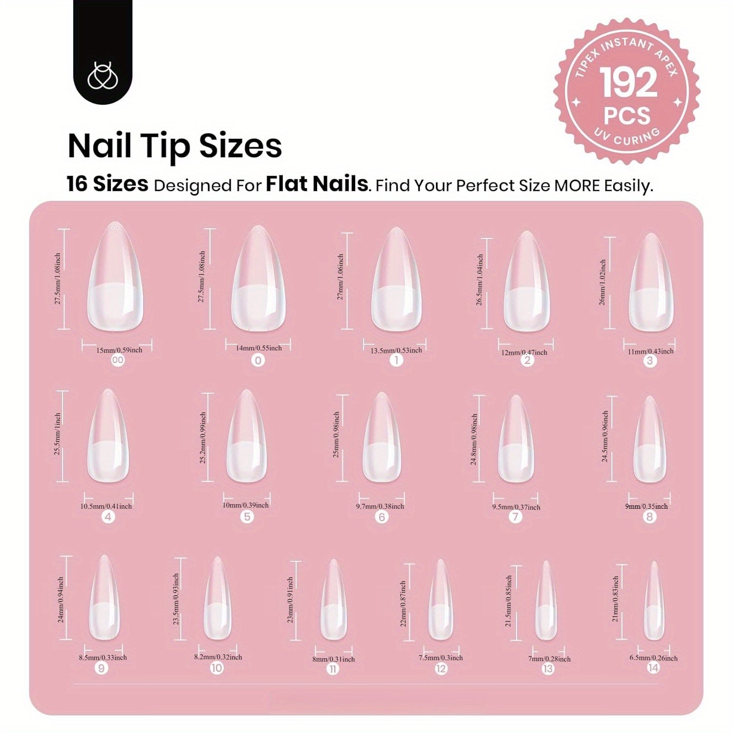 192pcs Beetles Tipex Instant Apex Pre-Built Gel Nail Tips 16 Sizes Clear Almond Matte Full-Cover Durable Easy-Apply