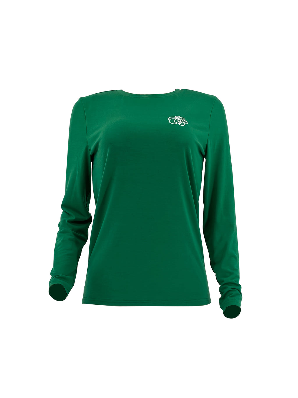 Women's Green Long Sleeve Tunic Top with Floral Embroidered Collar — Stretchy Relaxed Blouse for Casual & Office Wear