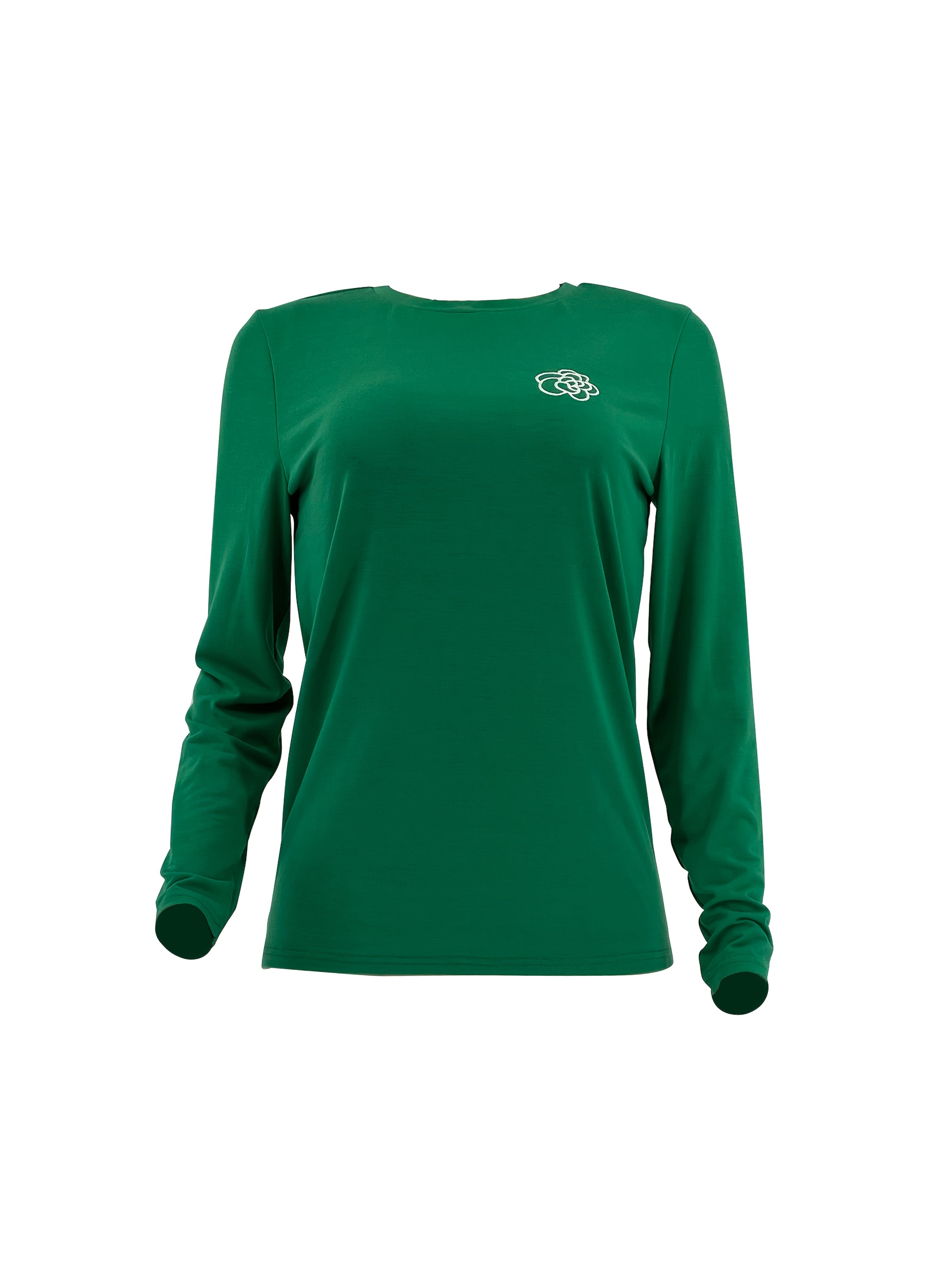 Women's Green Long Sleeve Tunic Top with Floral Embroidered Collar — Stretchy Relaxed Blouse for Casual & Office Wear