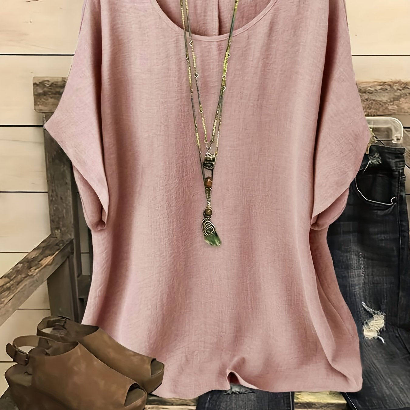 Plus Size Women's Casual Summer Batwing Sleeve Blouse - Olive Green Round Neck Short Sleeve