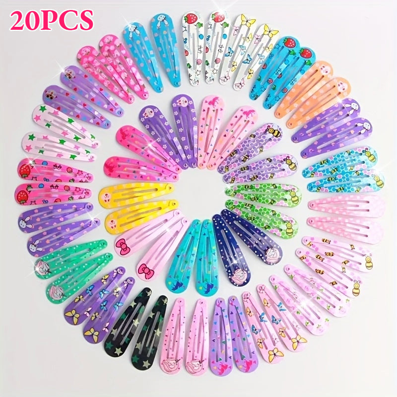 Set of 20/40/60 Colorful Alloy BB Hair Clips – Cute Printed Strawberries, Flowers, Hearts & Unicorns for Bangs and Side Hairstyles