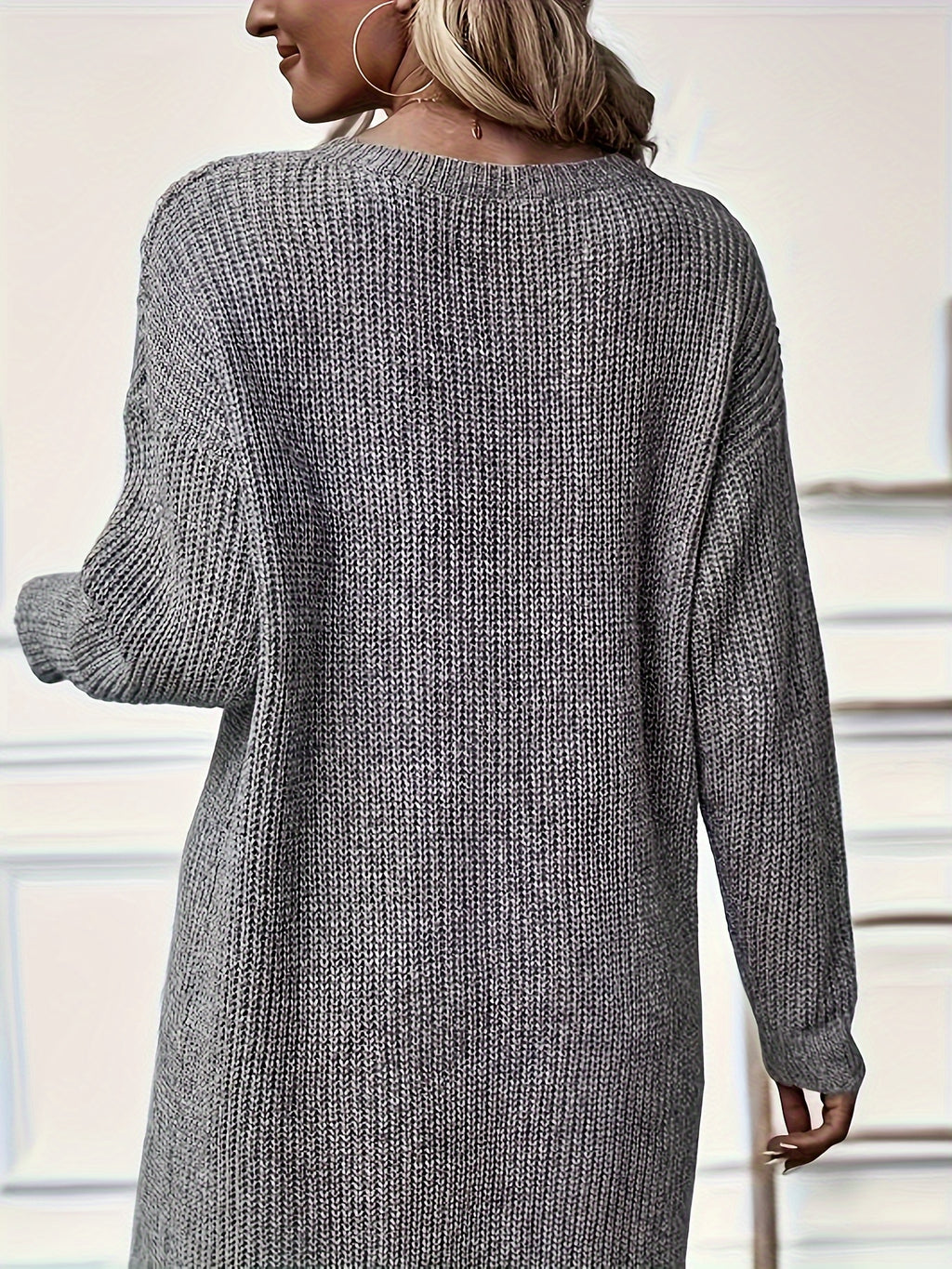 Women's Knitted Sweater Dress - Crew Neck Long Knit with Side Slit & Asymmetrical Hem