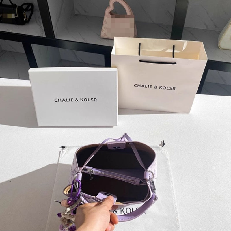 Purple Bucket Bag for Women – Large Capacity Embossed Geometric Handbag with Adjustable Strap & Gold Hardware