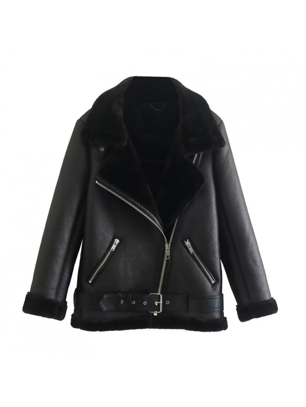 Women's PU Leather Jacket with Faux Fur Collar — Double-Sided Full-Zip Black Coat, Detachable Sleeves, Spring/Fall Casual & Formal Outerwear