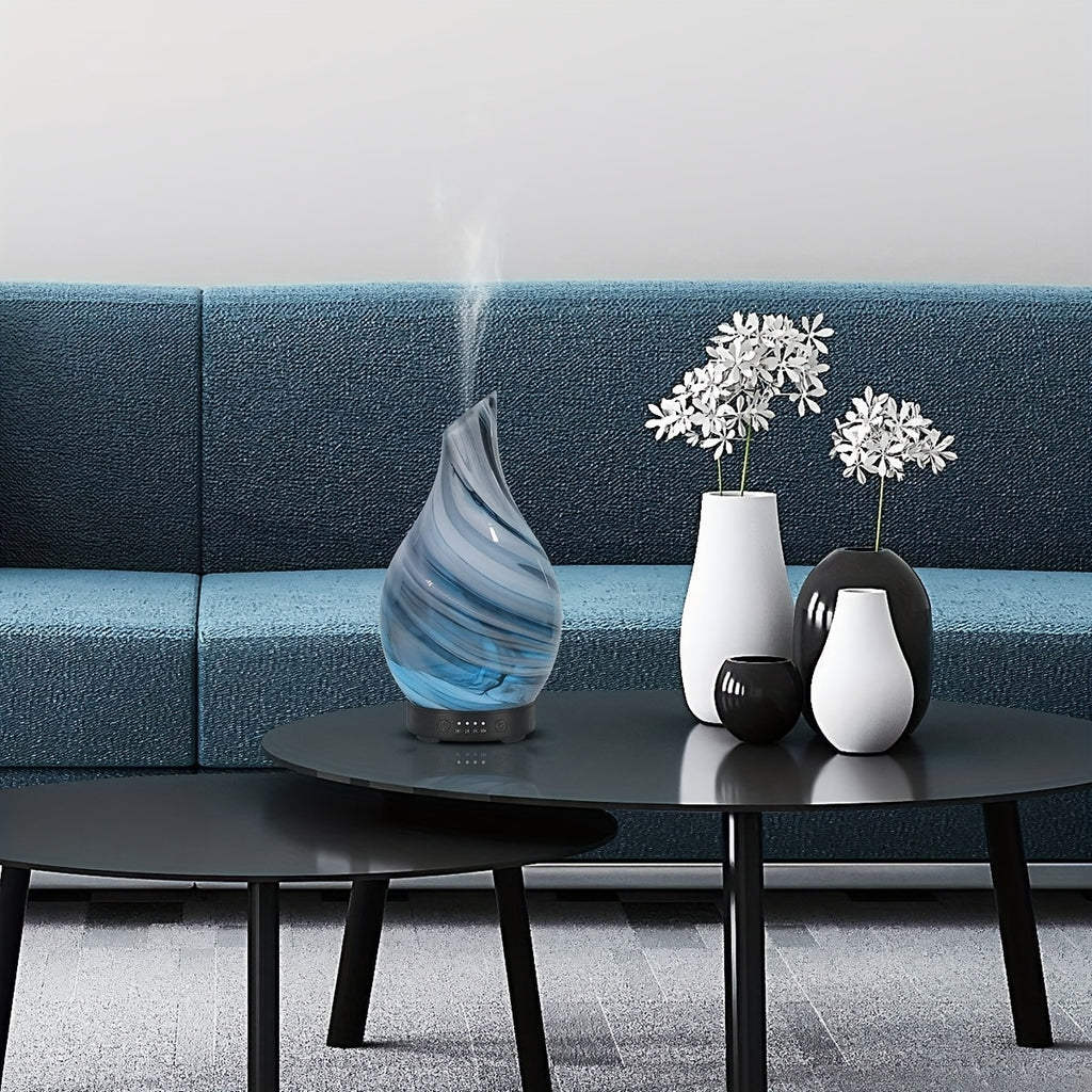 Handmade 4.06 oz (120 ml) Glass Essential Oil Diffuser — Soundwave Technology, 4 Timer Settings, 7-Color LED, USB Powered, Waterless Auto-Off, Blue & White Swirl