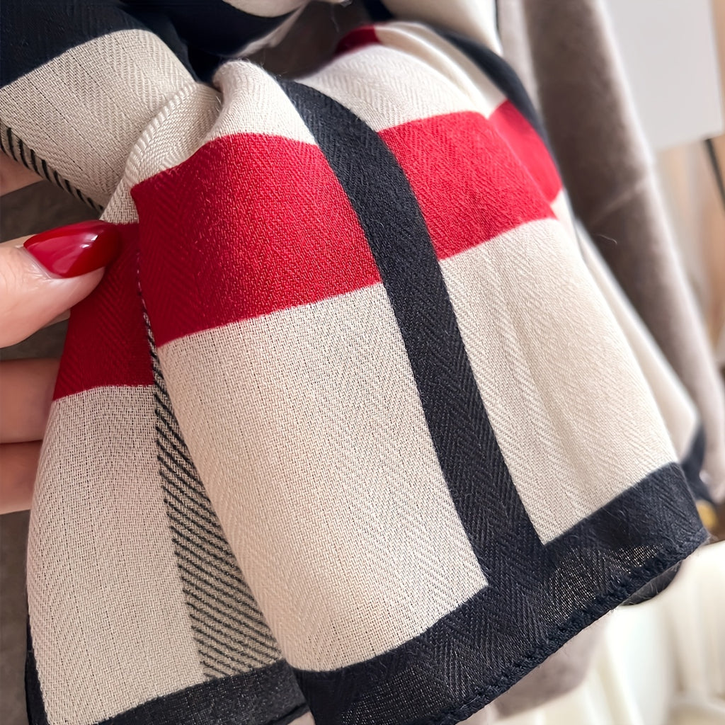 Color Block Striped Scarf for Women - Soft Warm Faux Shawl Wrap in Red Polyester