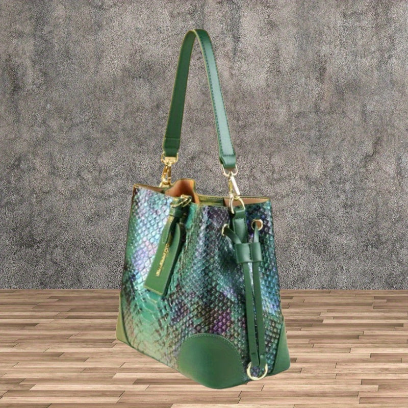Women's Snake-Print Split Leather Crossbody Bucket Bag - Large Capacity, Adjustable Strap & Buckle Closure (Red, Khaki, Yellow, Blue, Green)